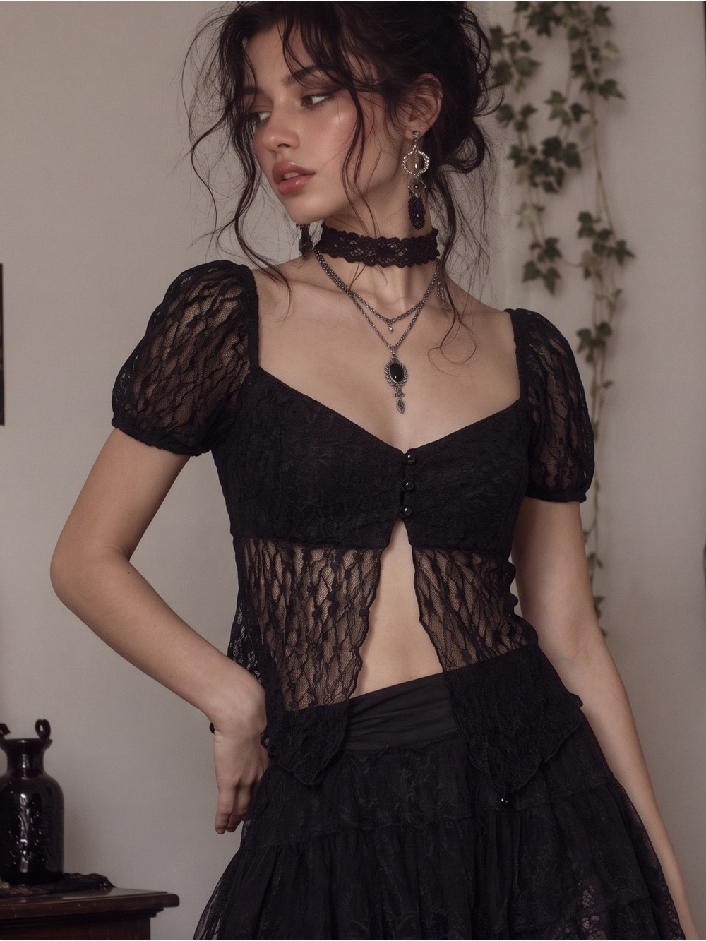 NWT WINDSOR Lace Flyaway Babydoll Puff Sleeve Top